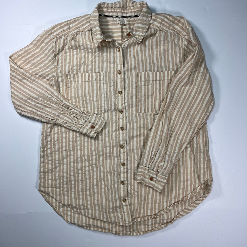 Pilcro Button Down Shirt Medium Tan Cream Striped Cotton Long Sleeve Preppy Boho